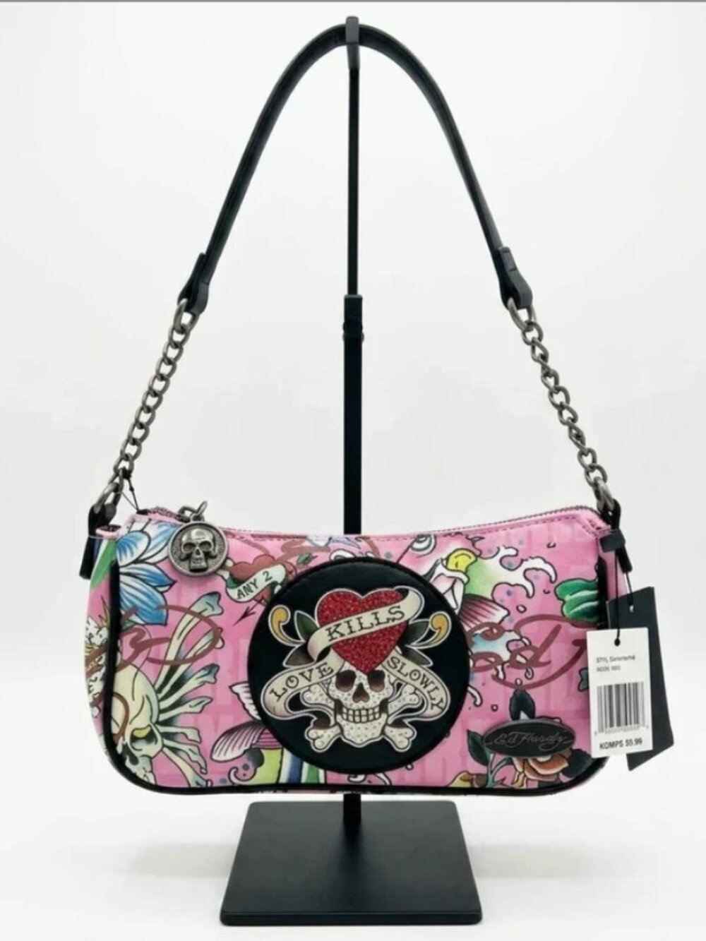 Ed Hardy Pink Tattoo Print Shoulder Bag and Crossbody Love Kills Slowly Skull Y2
